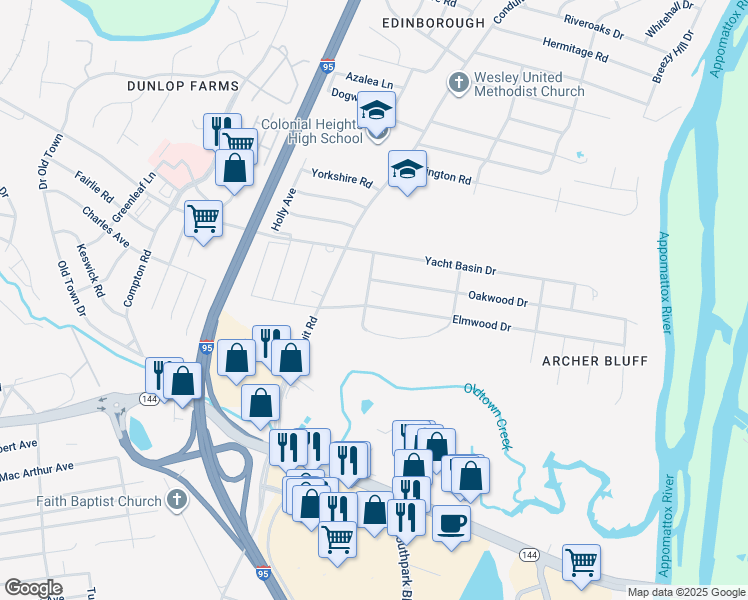map of restaurants, bars, coffee shops, grocery stores, and more near 3101 Greenwood Avenue in Colonial Heights