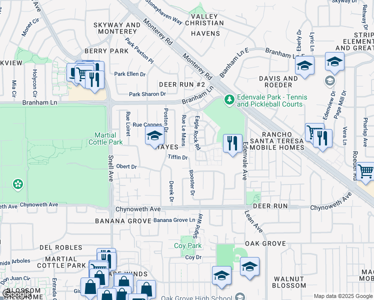 map of restaurants, bars, coffee shops, grocery stores, and more near 4968 Rue Le Mans in San Jose