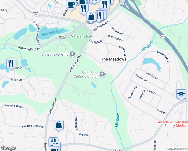 map of restaurants, bars, coffee shops, grocery stores, and more near 3686 Ironbound Road in Williamsburg