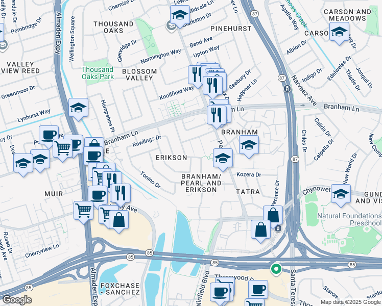 map of restaurants, bars, coffee shops, grocery stores, and more near 4793 Corte De Cervato in San Jose