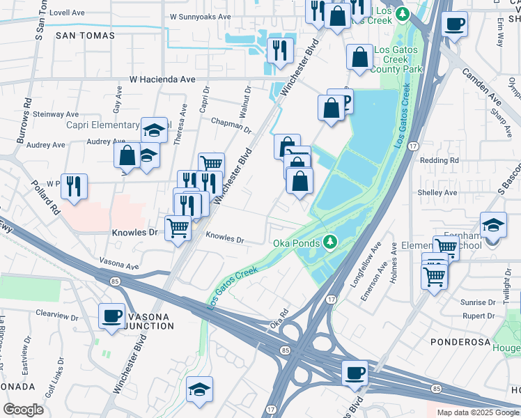 map of restaurants, bars, coffee shops, grocery stores, and more near 471 Division Street in Campbell