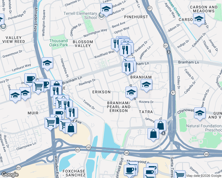 map of restaurants, bars, coffee shops, grocery stores, and more near 4777 Corte De Cervato in San Jose