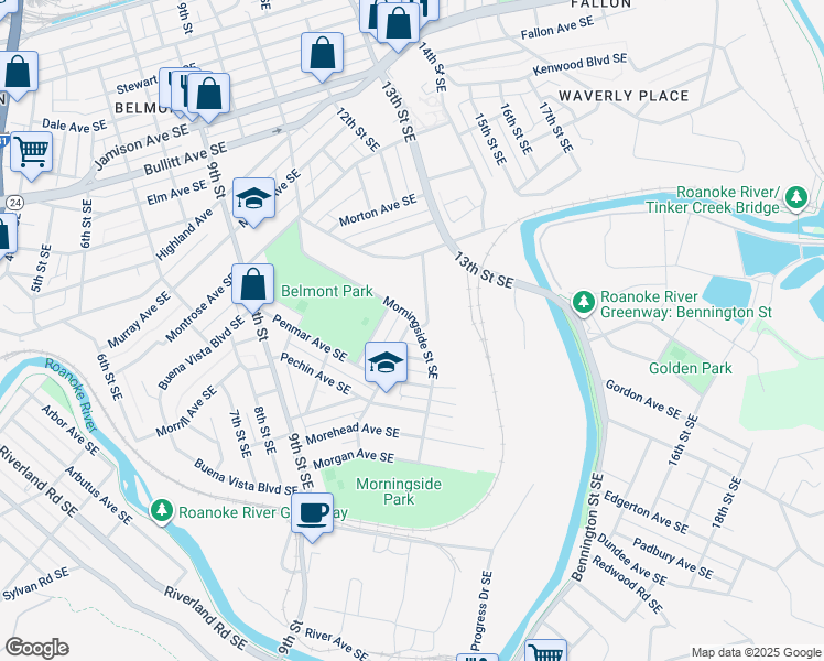 map of restaurants, bars, coffee shops, grocery stores, and more near 1504 Morningside Street Southeast in Roanoke