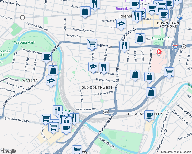 map of restaurants, bars, coffee shops, grocery stores, and more near 420 Albemarle Avenue Southwest in Roanoke