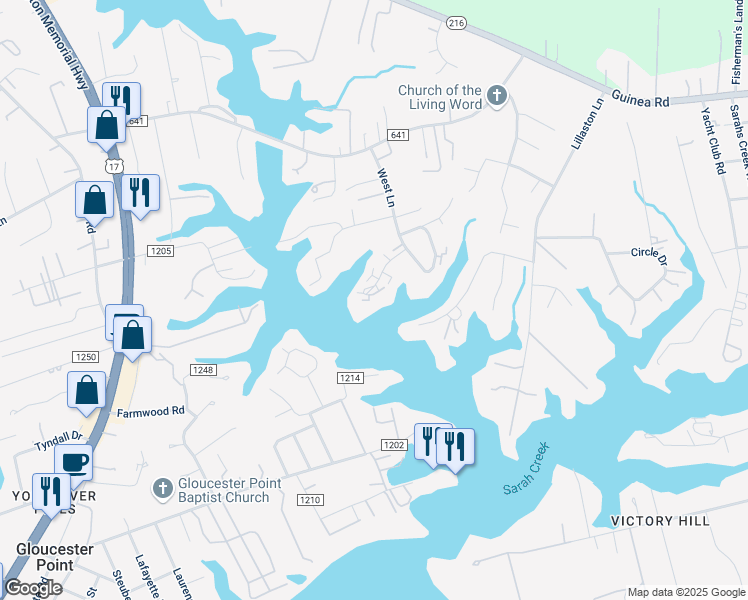 map of restaurants, bars, coffee shops, grocery stores, and more near 7826 Sunset Drive in Gloucester Point