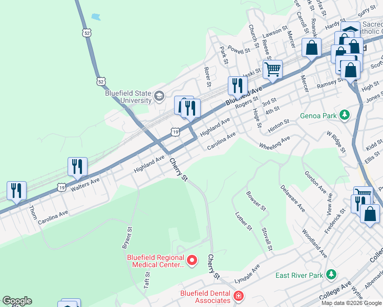 map of restaurants, bars, coffee shops, grocery stores, and more near 217 Pine St in Bluefield