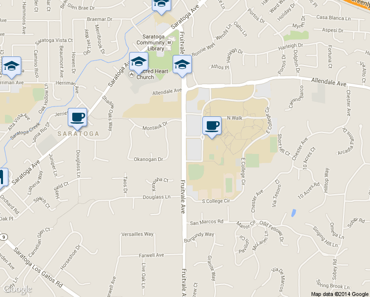 map of restaurants, bars, coffee shops, grocery stores, and more near 14174-14264 Fruitvale Ave in Saratoga