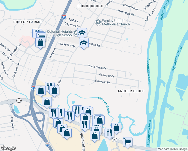 map of restaurants, bars, coffee shops, grocery stores, and more near 1200 Oakwood Drive in Colonial Heights