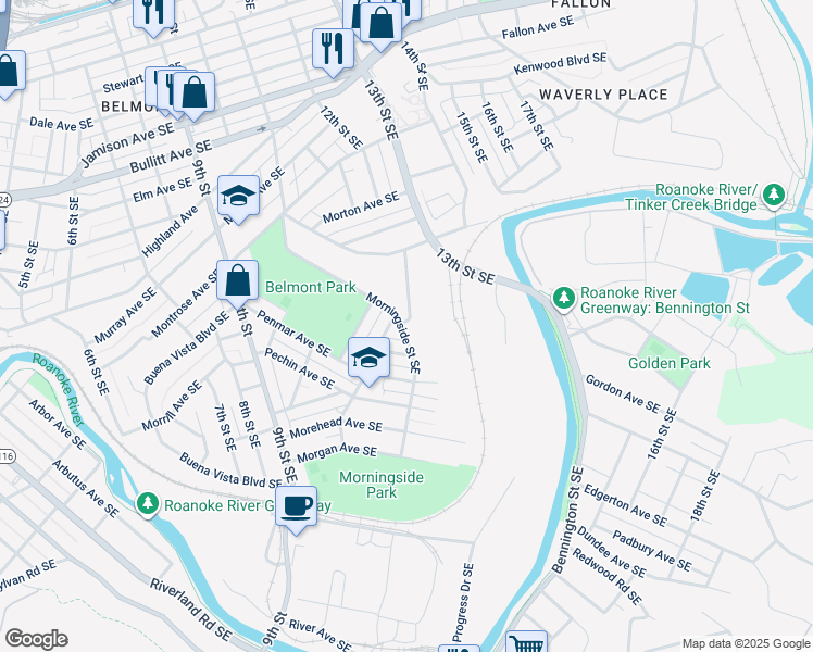 map of restaurants, bars, coffee shops, grocery stores, and more near 1504 Morningside Street Southeast in Roanoke