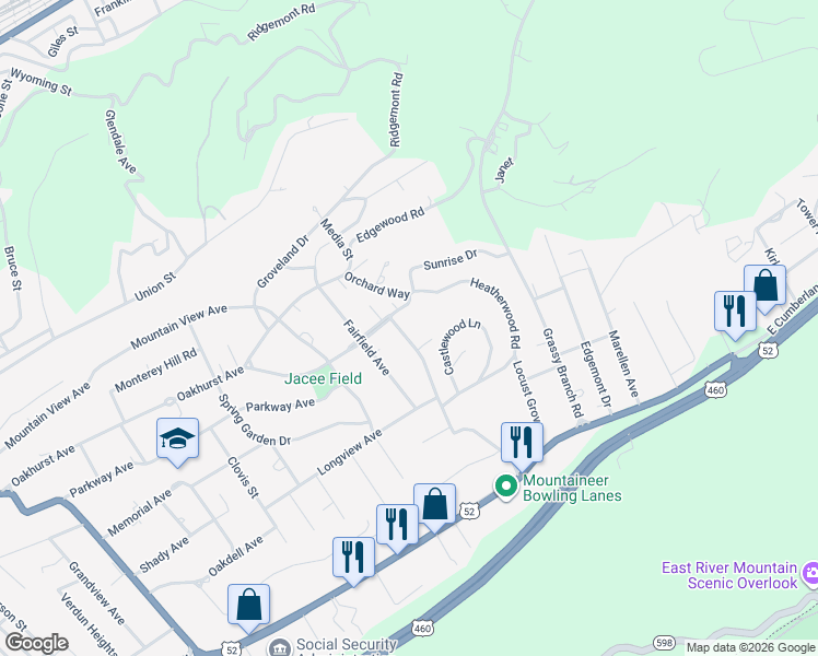 map of restaurants, bars, coffee shops, grocery stores, and more near 2319 Cliffmont Avenue in Bluefield