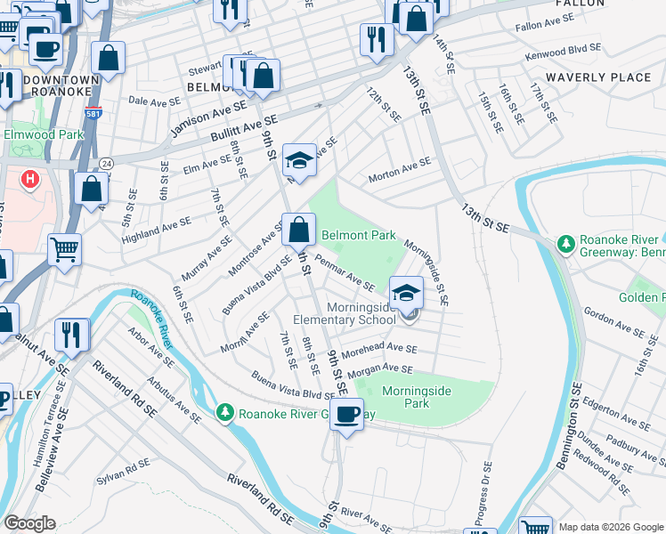 map of restaurants, bars, coffee shops, grocery stores, and more near 1004 Penmar Avenue Southeast in Roanoke