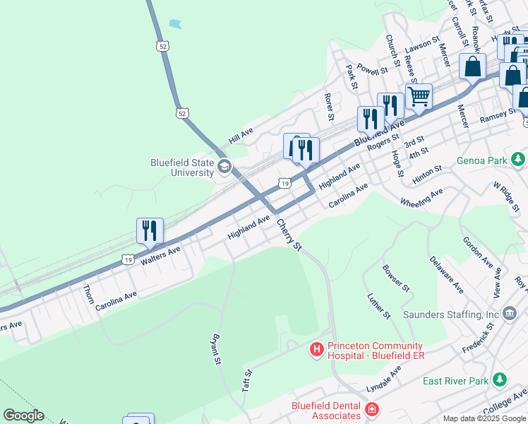 map of restaurants, bars, coffee shops, grocery stores, and more near 1210 Highland Avenue in Bluefield