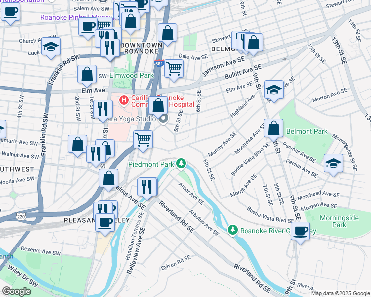 map of restaurants, bars, coffee shops, grocery stores, and more near 515 Albemarle Avenue Southeast in Roanoke