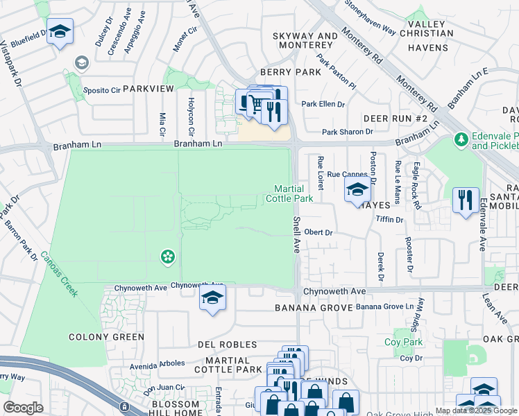 map of restaurants, bars, coffee shops, grocery stores, and more near 5283 Snell Avenue in San Jose