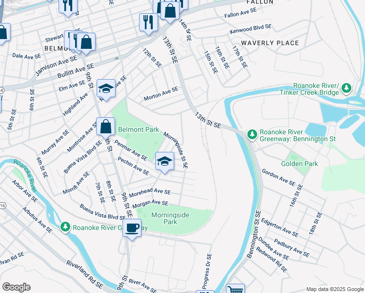 map of restaurants, bars, coffee shops, grocery stores, and more near 1504 Morningside Street Southeast in Roanoke
