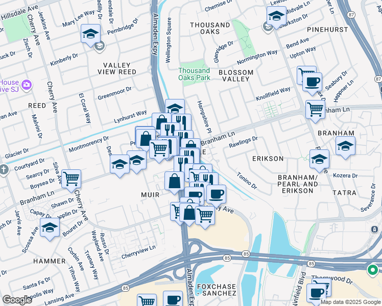 map of restaurants, bars, coffee shops, grocery stores, and more near 1056 Branham Lane in San Jose