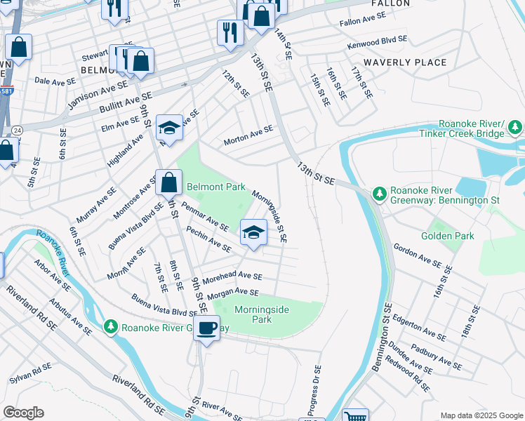 map of restaurants, bars, coffee shops, grocery stores, and more near 1513 Wilson Street Southeast in Roanoke