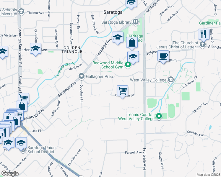 map of restaurants, bars, coffee shops, grocery stores, and more near 14139 Taos Drive in Saratoga