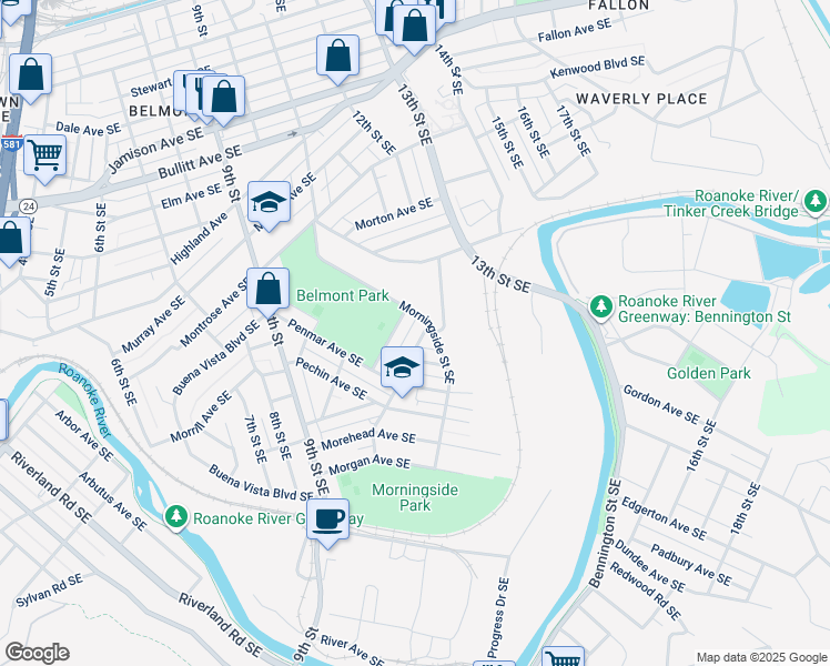 map of restaurants, bars, coffee shops, grocery stores, and more near 1513 Wilson Street Southeast in Roanoke