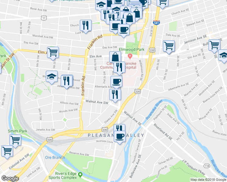 map of restaurants, bars, coffee shops, grocery stores, and more near 1118 1st Street Southwest in Roanoke