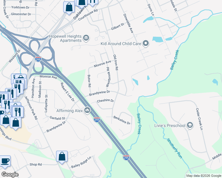 map of restaurants, bars, coffee shops, grocery stores, and more near 3807 Brandywine Drive in Hopewell