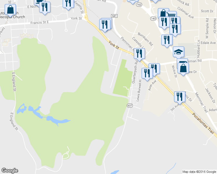 map of restaurants, bars, coffee shops, grocery stores, and more near 610 Pocahontas Street in Williamsburg