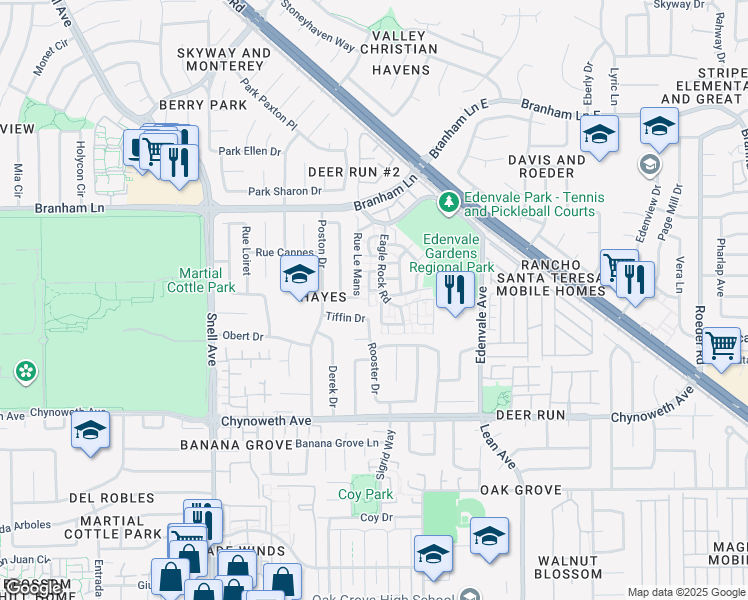 map of restaurants, bars, coffee shops, grocery stores, and more near 4974 Flat Rock Circle in San Jose