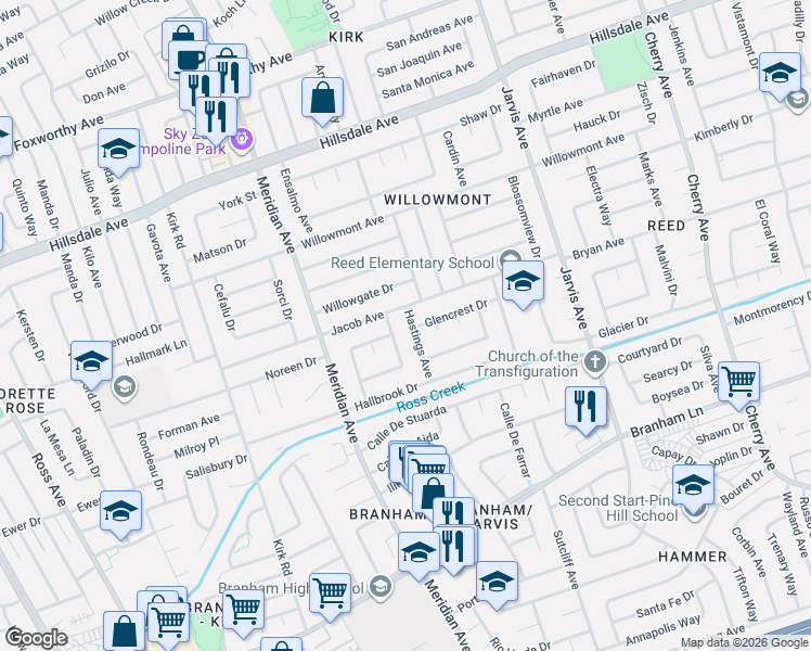 map of restaurants, bars, coffee shops, grocery stores, and more near 3935 Hastings Avenue in San Jose