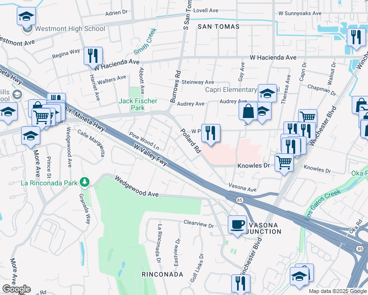 map of restaurants, bars, coffee shops, grocery stores, and more near 935 Castlewood Drive in Los Gatos