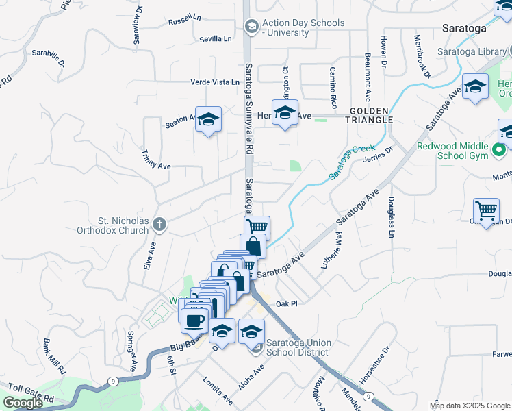 map of restaurants, bars, coffee shops, grocery stores, and more near 14158 Victor Place in Saratoga