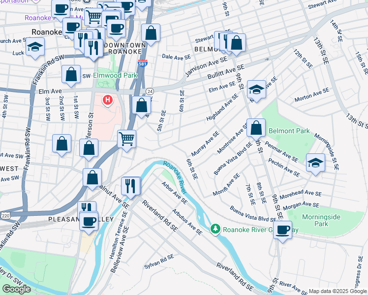 map of restaurants, bars, coffee shops, grocery stores, and more near 1108 6th Street Southeast in Roanoke