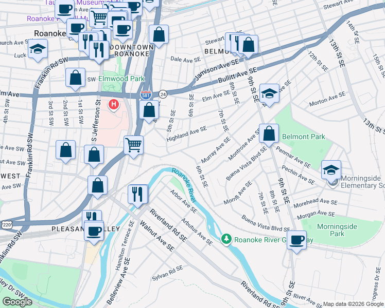 map of restaurants, bars, coffee shops, grocery stores, and more near 1108 6th Street Southeast in Roanoke