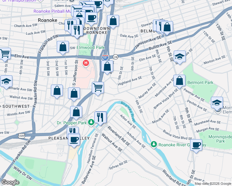 map of restaurants, bars, coffee shops, grocery stores, and more near 502 Albemarle Avenue Southeast in Roanoke