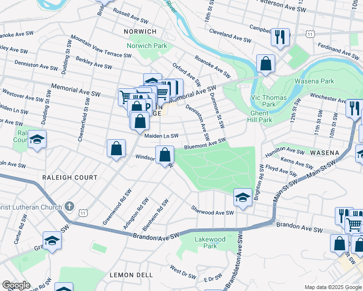 map of restaurants, bars, coffee shops, grocery stores, and more near 1809 Bluemont Avenue Southwest in Roanoke