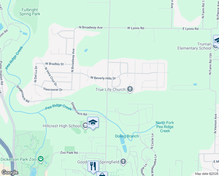 map of restaurants, bars, coffee shops, grocery stores, and more near 3419-3447 North Farm Road 151 in Springfield