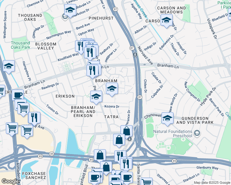 map of restaurants, bars, coffee shops, grocery stores, and more near 4769 Kings River Court in San Jose