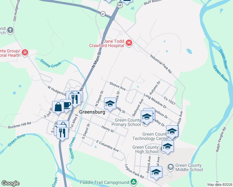 map of restaurants, bars, coffee shops, grocery stores, and more near 413 Cook Street in Greensburg