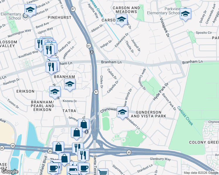 map of restaurants, bars, coffee shops, grocery stores, and more near 617 Calpella Drive in San Jose