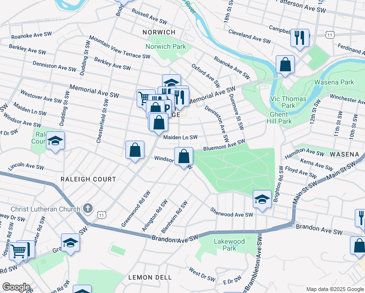 map of restaurants, bars, coffee shops, grocery stores, and more near 1851 Bluemont Avenue Southwest in Roanoke