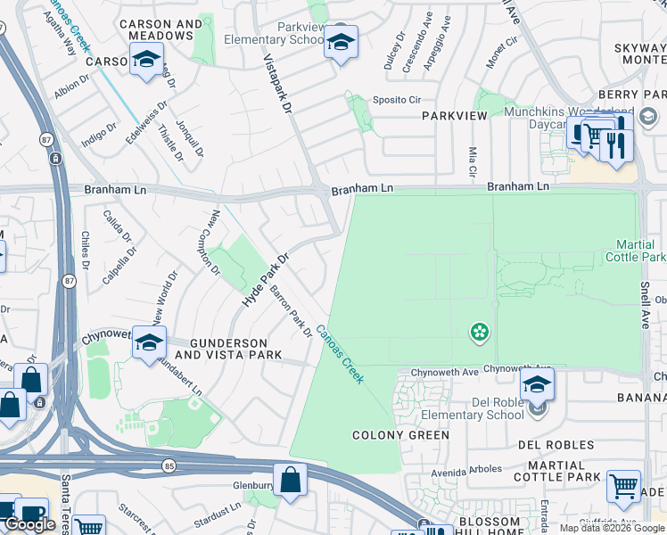 map of restaurants, bars, coffee shops, grocery stores, and more near 4889 Birmingham Drive in San Jose