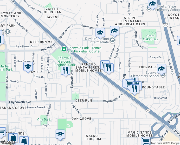 map of restaurants, bars, coffee shops, grocery stores, and more near 510 Saddlebrook Drive in San Jose