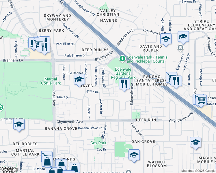 map of restaurants, bars, coffee shops, grocery stores, and more near 4968 Red Creek Drive in San Jose