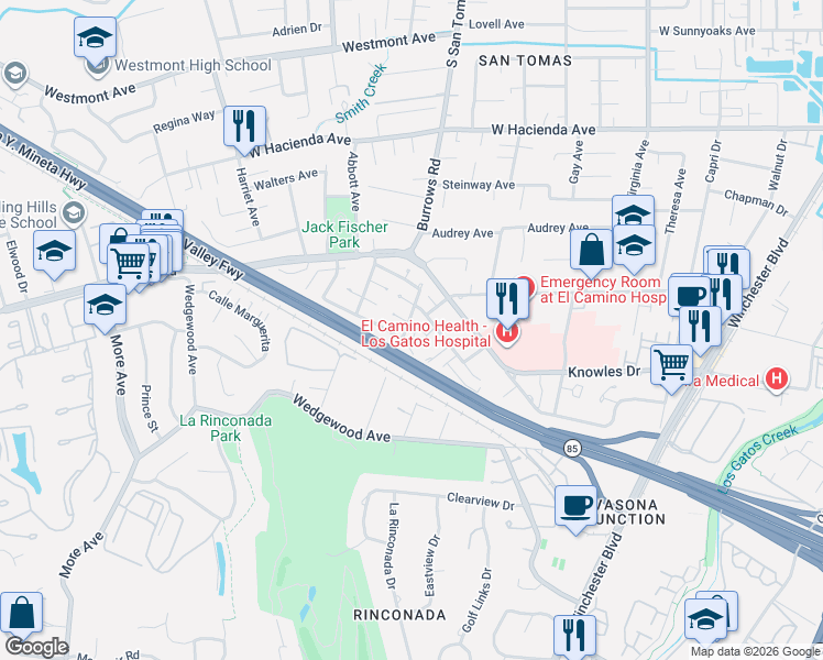 map of restaurants, bars, coffee shops, grocery stores, and more near 320 Pine Wood Lane in Los Gatos