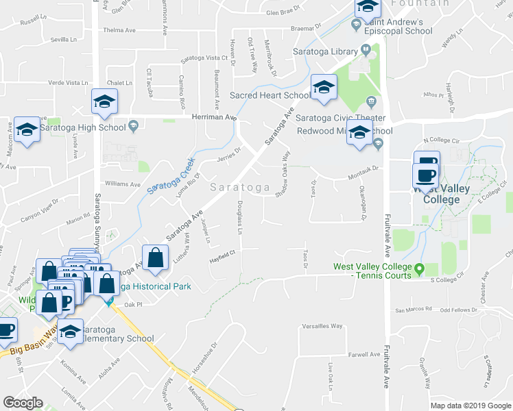 map of restaurants, bars, coffee shops, grocery stores, and more near 14131 Woodview Ln in Saratoga