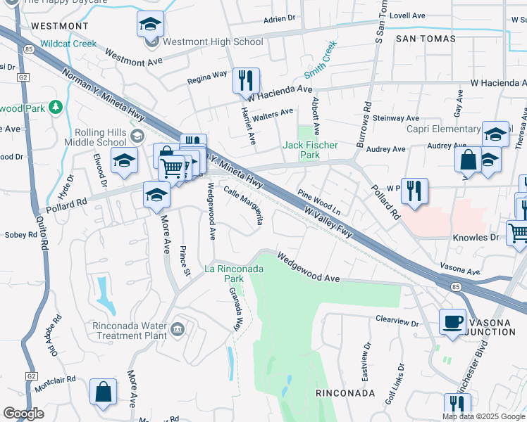 map of restaurants, bars, coffee shops, grocery stores, and more near 228 Calle Marguerita in Los Gatos