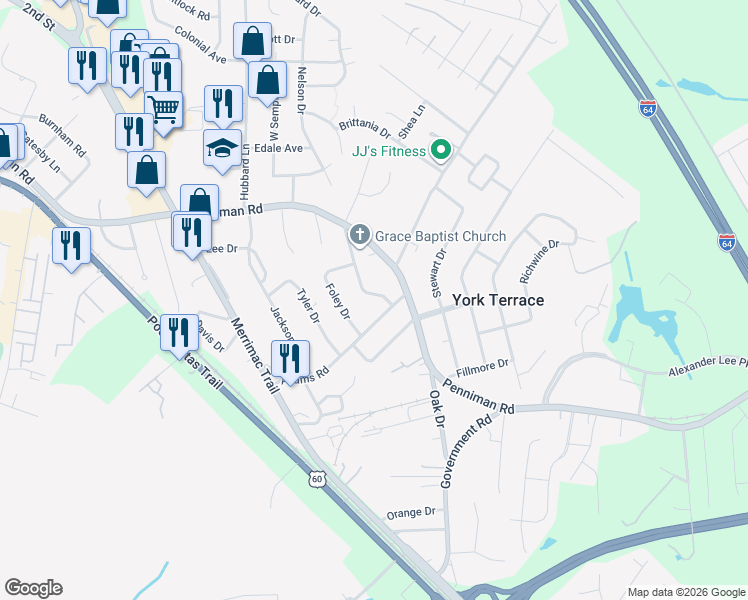 map of restaurants, bars, coffee shops, grocery stores, and more near 918 Coleman Drive in Williamsburg