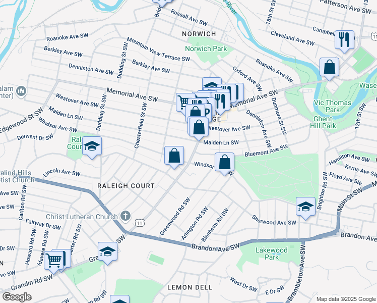 map of restaurants, bars, coffee shops, grocery stores, and more near 1527 Grandin Road Southwest in Roanoke