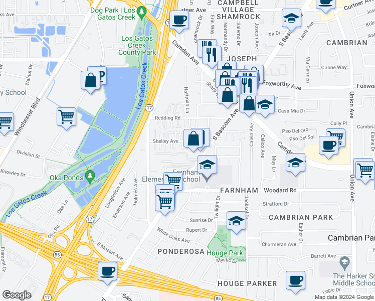 map of restaurants, bars, coffee shops, grocery stores, and more near 198 Shelley Avenue in Campbell