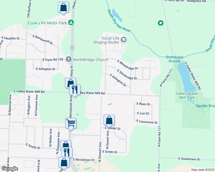 map of restaurants, bars, coffee shops, grocery stores, and more near 3632 North Stewart Avenue in Springfield
