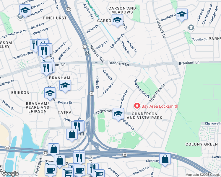 map of restaurants, bars, coffee shops, grocery stores, and more near 600 Calpella Drive in San Jose